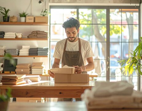 Homme portant un tablier ouvrant une boite en carton sur un comptoir en bois dans une boutique artisanale baign&eacute;e de lumi&egrave;re du matin