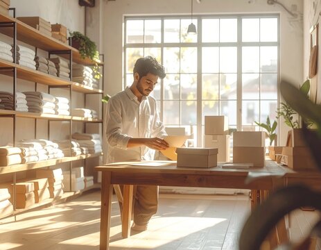 Homme travaillant sur ordinateur portable assis &agrave; une table en bois dans une boutique lumineuse remplie d'&eacute;tag&egrave;res et de lumi&egrave;re naturelle