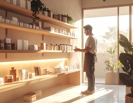 Silhouette d'une personne debout dans une petite boutique aux &eacute;tag&egrave;res &eacute;clair&eacute;es d'une lumi&egrave;re chaude et douce cr&eacute;ant une ambiance intime et myst&eacute;rieuse