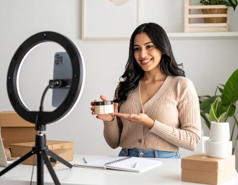 Une femme souriante pr&eacute;sente un produit cosm&eacute;tique devant un anneau lumineux dans un studio maison avec des boites en carton en arri&egrave;re-plan, pr&ecirc;te pour la vente en ligne