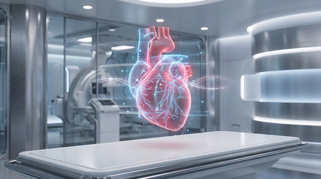 Hologram jantung standalone di ruang medis minimalis dengan peralatan blur latar
