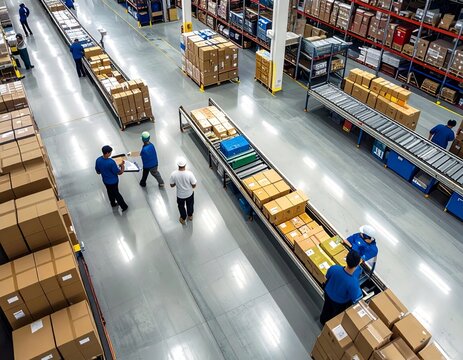 Vue a&eacute;rienne d'employ&eacute;s travaillant le long d'un tapis roulant de colis dans un centre de distribution moderne &eacute;quip&eacute; de rayonnages