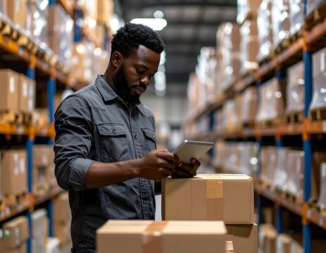 Ouvrier d'entrep&ocirc;t africain v&eacute;rifiant une &eacute;tiquette sur un carton parmi des rayonnages remplis de marchandises &eacute;clair&eacute;s par la lumi&egrave;re dor&eacute;e