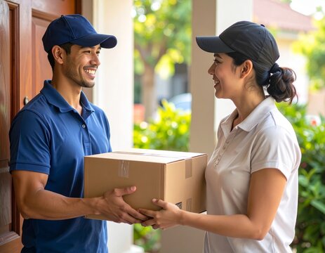 Livreur souriant en polo bleu remettant un carton de livraison &agrave; une cliente devant la porte de sa maison durant une journ&eacute;e ensoleill&eacute;e