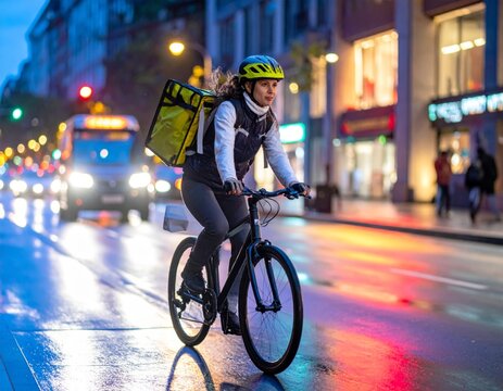 Livreur cycliste avec sac isotherme roulant &agrave; v&eacute;lo dans une rue color&eacute;e la nuit en ville