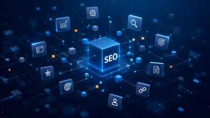 Naklejka premium Futuristic 3D SEO cube surrounded by digital marketing network icons. Search engine optimization strategy and website ranking concept.