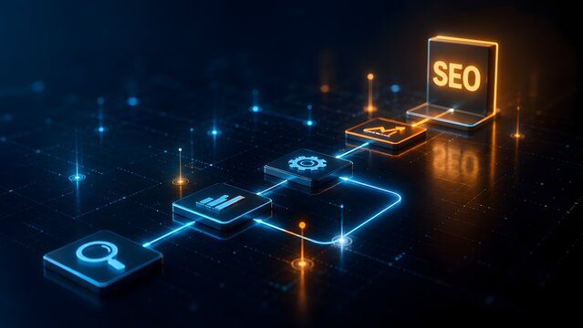 Glowing digital SEO optimization workflow with analytics and strategy icons. Search engine optimization and digital marketing progress concept.