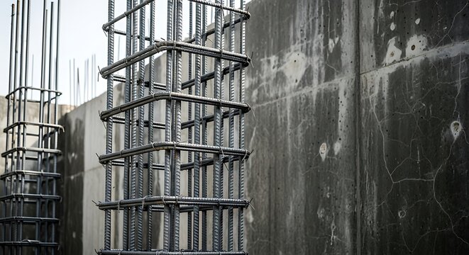 Rigid Steel Rebar Cylinders at Construction Site