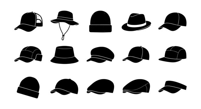 Diverse Headwear Collection, 15 Black Vector Icons for Fashion and Style Concepts