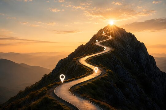 Strategic business roadmap concept featuring a winding mountain path with six glowing location pins leading toward a sunrise representing corporate success