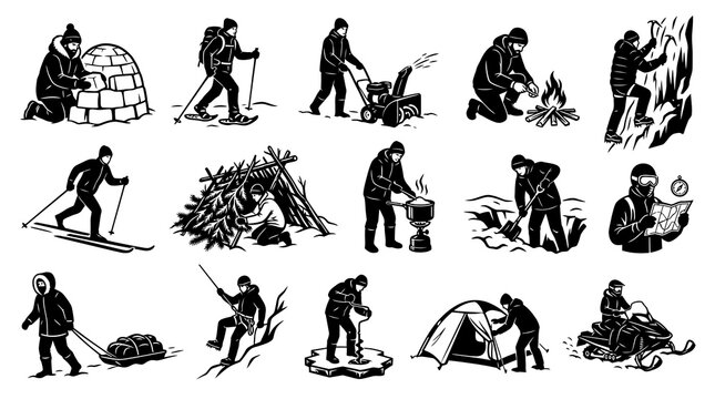 Winter Outdoor Adventure Survival Icons Set - Black and White Line Art Glyphs of People Activities