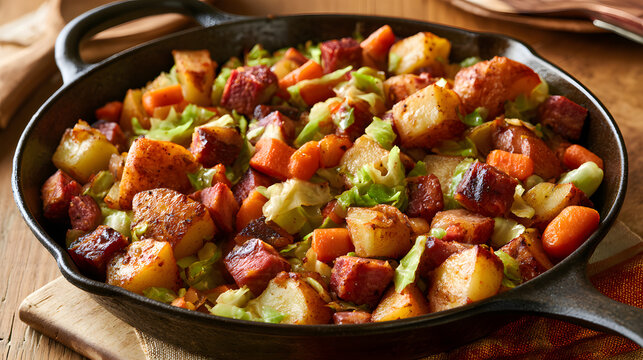 A hearty corned beef hash with crispy golden potatoes, bright carrots, and green cabbage cooked in a rustic cast iron skillet on a wooden surface.