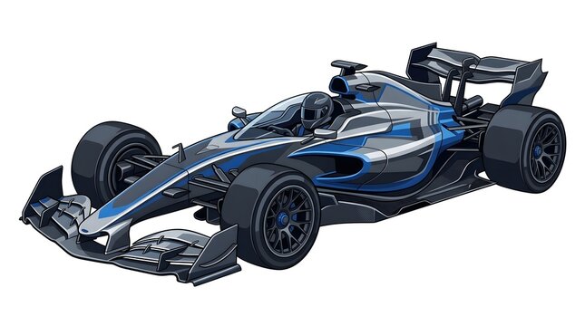 Illustration of a sleek modern blue and grey Formula One race car on white background