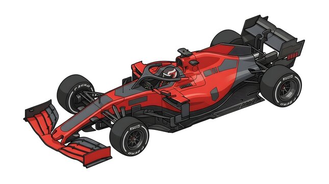 Isometric illustration of a generic red modern Formula 1 race car on white background