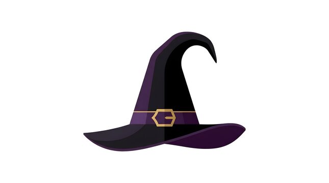 A stylized, flat vector illustration of a classic black witch hat with a purple band and a golden buckle on a plain white background, symbolizing Halloween, magic, and fantasy