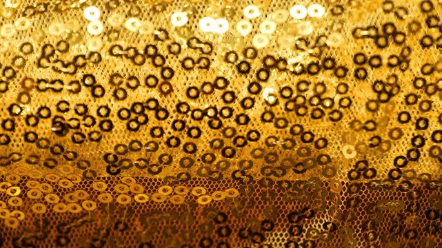 Gold sequin background. Christmas Gold fabric with shiny sequins. 4k footage