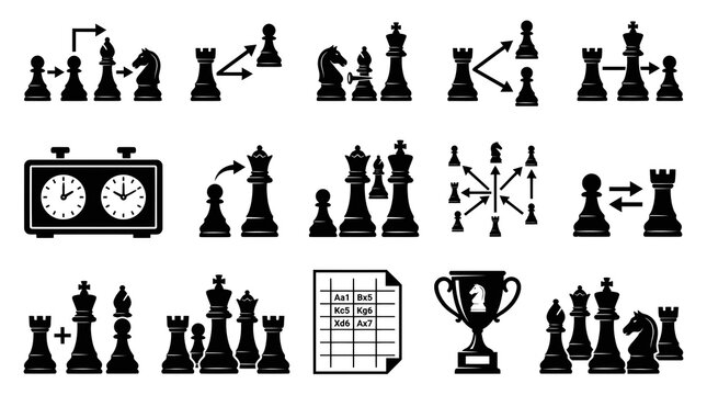 Black and White Chess Game Icons Set: Strategy Board Game Glyph Symbols, Pieces, Clock, and Notation Elements