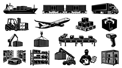 Fototapeta premium Logistics and Shipping Icons Set. Black White Vector Glyphs for Supply Chain Delivery Transportation.