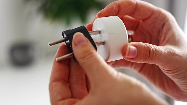 Electrical plug adapters with different socket standards in human hands. International power compatibility concept for travel, electronics and device charging.