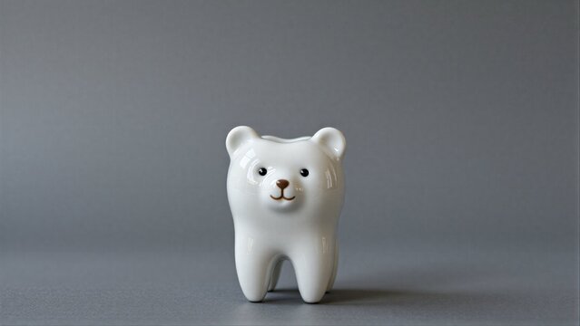 Adorable white tooth-shaped bear figurine with black eyes and brown nose.