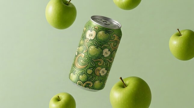 Green apple soda can floating with fresh apples