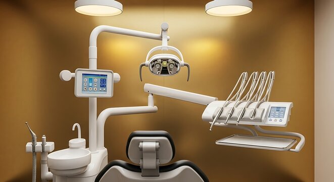 Modern Dental Chair Setup with Overhead Lights and Equipment