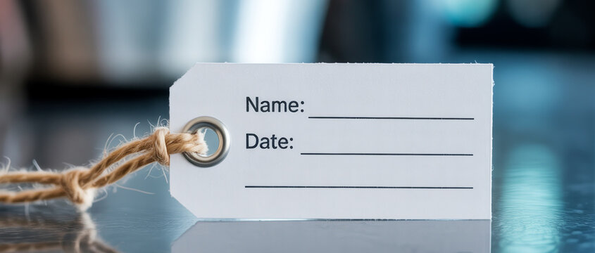 Blank white paper gift tag with twine string for labeling name and date information.