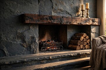 Obraz premium Rustic Stone Fireplace Mantel with Glowing Embers and Wood