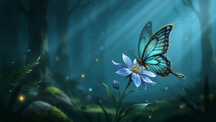 Obraz premium A blue butterfly with intricate wing patterns perched on a glowing flower in a dark, mystical forest setting