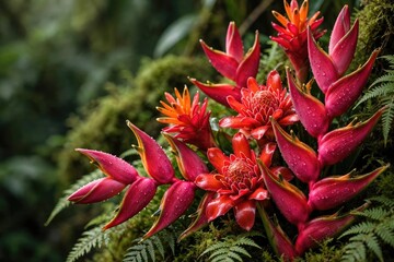Fototapeta premium Vibrant Tropical Ginger Flowers in Lush Green Jungle Foliage