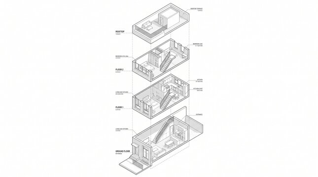 Isometric exploded view of a modern multi story house design