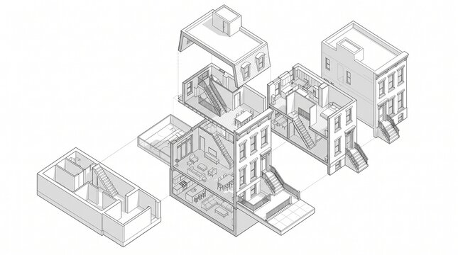 Isometric view of a house building with exploded room layers