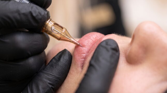 Close up view of a cosmetic tattoo artist wearing black gloves applying permanent makeup pigment using a professional rotary machine needle directly onto the pink lips of a female client