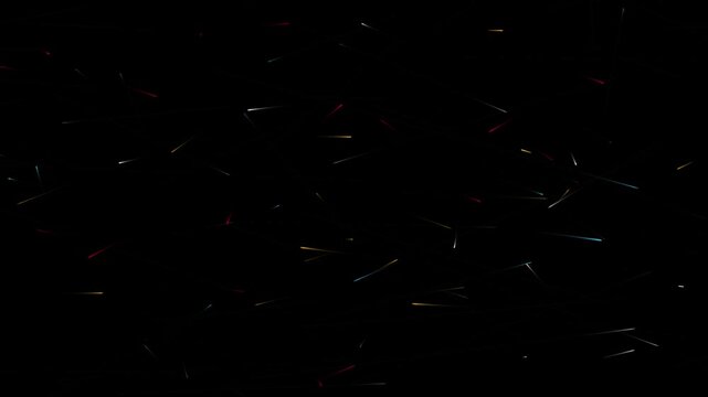 Abstract dark background with colorful glowing light streaks and laser beam line effects, neon line trails on a black backdrop for digital technology, physics, energy, dynamic speed vector concept