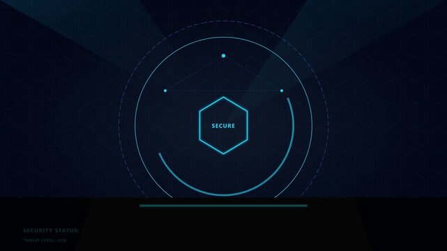 Futuristic hexagonal logo with glowing circular design on dark background.