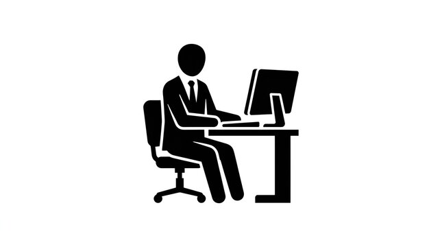 Businessman working on computer at office desk icon pictogram symbol vector silhouette isolated on white background