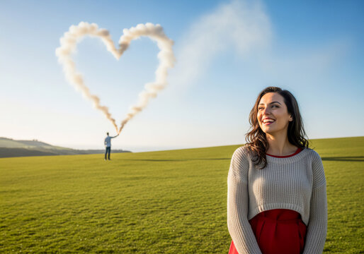 笑顔の女性の後ろでハート型の煙を作る男性 | A man creating heart-shaped smoke behind a smiling woman Generative AI