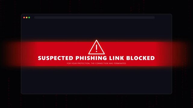 Warning message about a blocked phishing link on a dark screen.