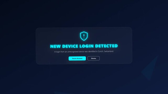 Dark blue security alert popup for new device login detected.