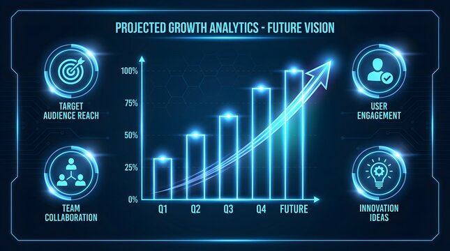 Futuristic digital data analytics dashboard showing business growth trends with glowing bar charts and abstract technology icons