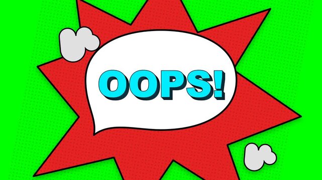 Bright red starburst with white speech bubble saying Oops.