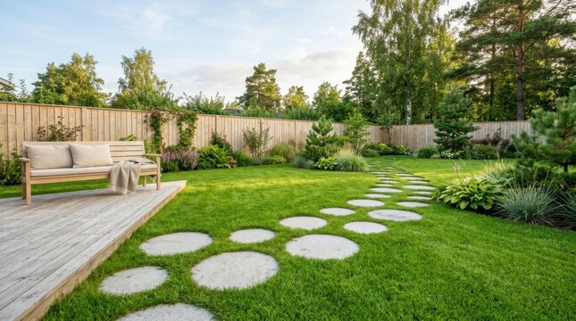 Relaxing backyard retreat with wooden deck, comfortable bench, and organic stepping stone path.