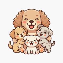Cute cartoon illustration of a smiling mother dog hugging three small puppies on a white background, featuring a golden retriever or spaniel parent with diverse puppies in tan and grey.