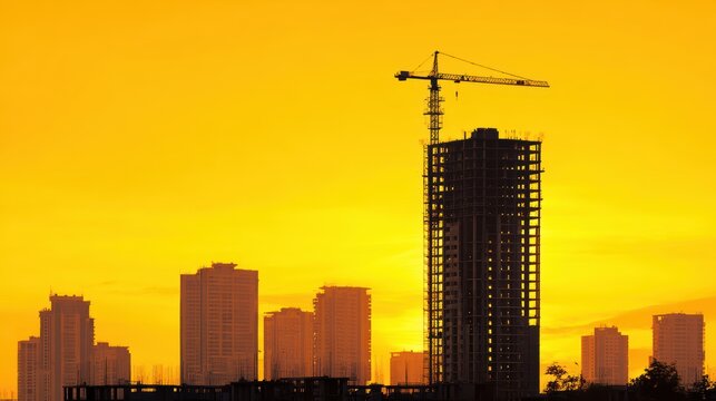Construction of new residential high-rise buildings. Against the background of a yellow sunset sky, crane, architecture, industrial, development, tower, gen AI