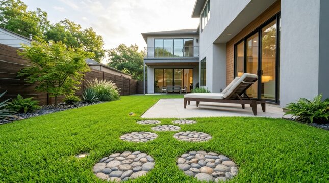 Elegant backyard with circular stone path and vibrant green lawn, ideal for upscale residential living.