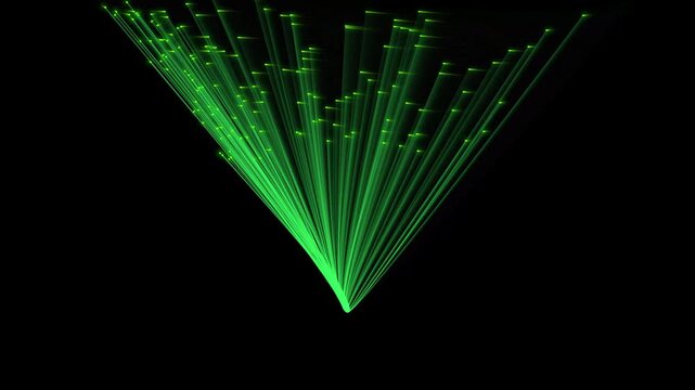 Abstract green laser light beams radiating from a central point on a black background.