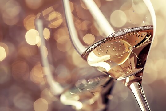 Sparkling Champagne Glass with Golden Bubbles and Bokeh Lights