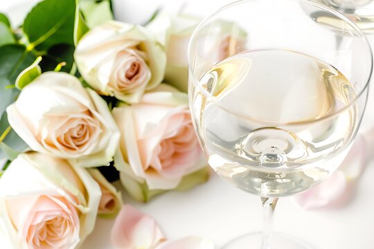 Luxury White Wine Glass Beside Soft Pink Roses on Surface
