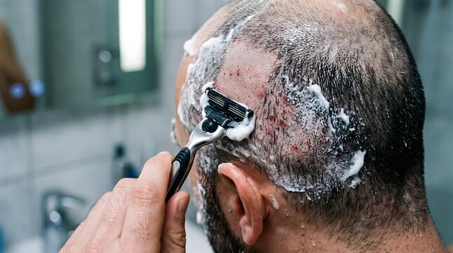 Caucasian bald man shaving head with wet razor and foam. Male performing morning personal grooming in bathroom, for daily hygiene routine.