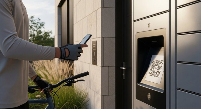 Person using smartphone at smart parcel locker